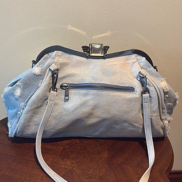 Distressed Denim shoulder bag Crossbody bag clutch rhinestone butterfly clasp - Picture 8 of 17